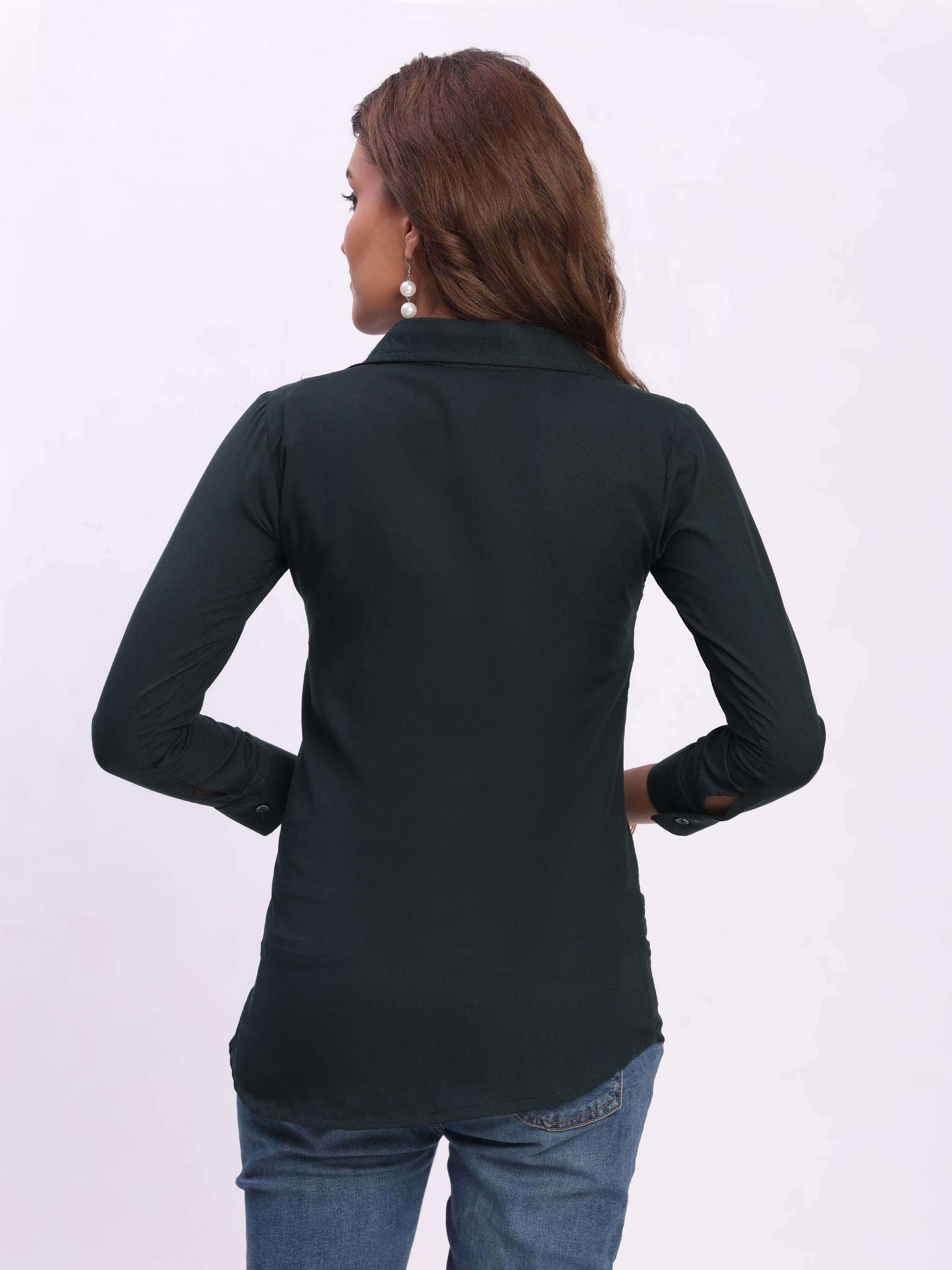 Trendrush Women Solid Dark Green Shirt with Hidden Placket & 3/4th Cuffed Sleeves