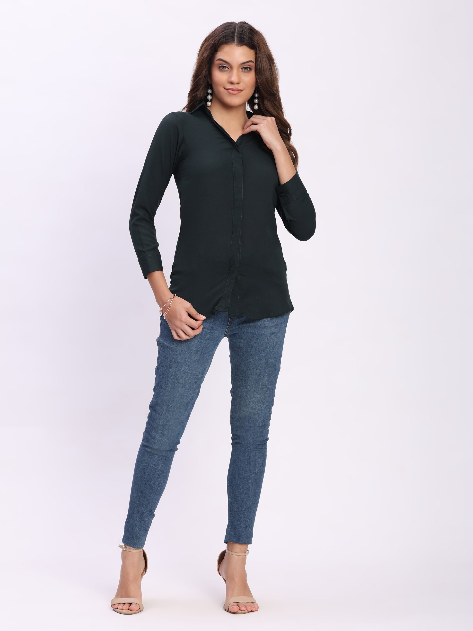 Trendrush Women Solid Dark Green Shirt with Hidden Placket & 3/4th Cuffed Sleeves