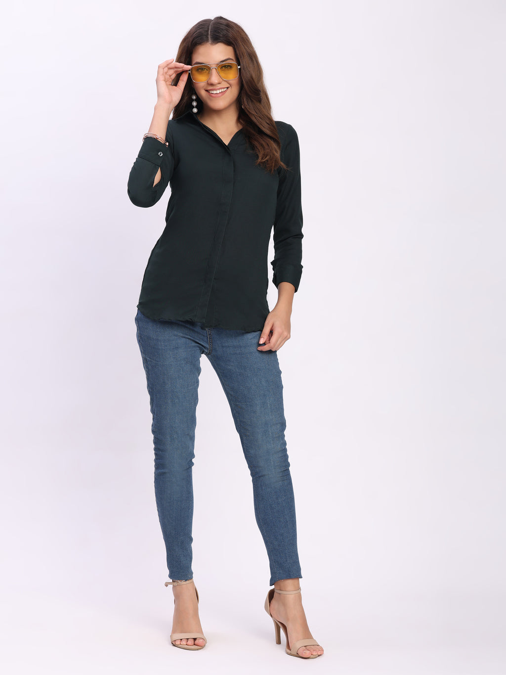 Trendrush Women Solid Dark Green Shirt with Hidden Placket & 3/4th Cuffed Sleeves
