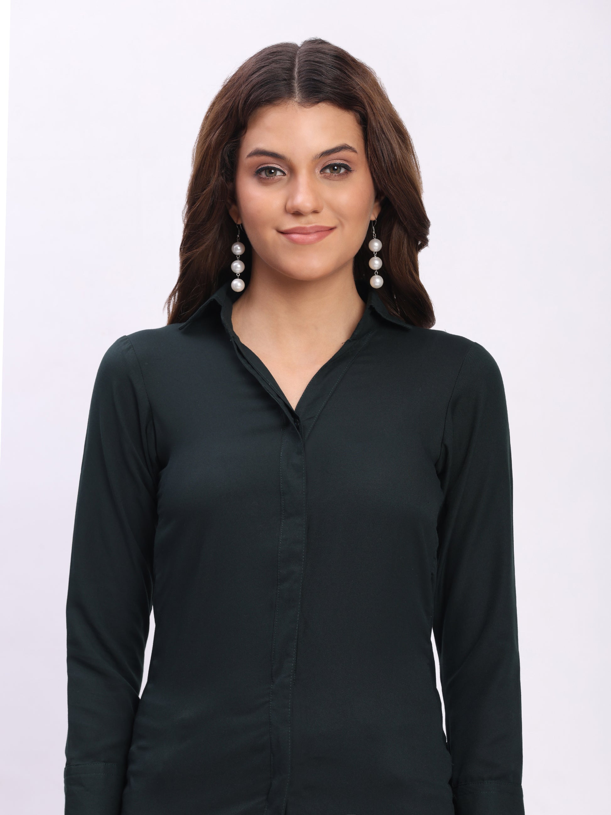 Trendrush Women Solid Dark Green Shirt with Hidden Placket & 3/4th Cuffed Sleeves