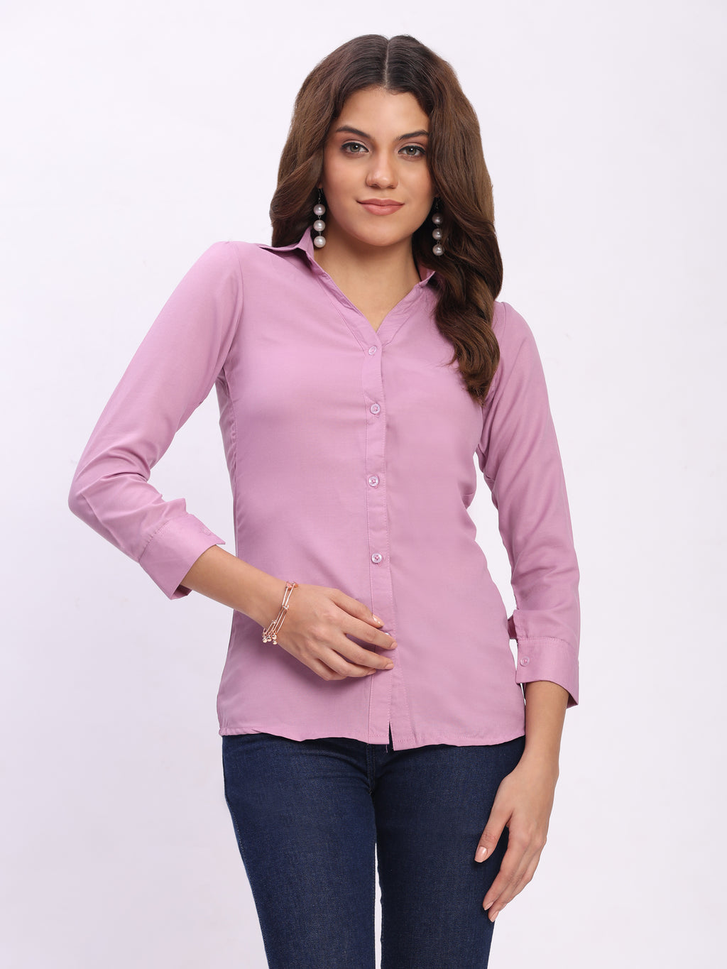 Trendrush Women Solid Pink Shirt with Cuffed 3/4th Sleeves – Feminine Chic