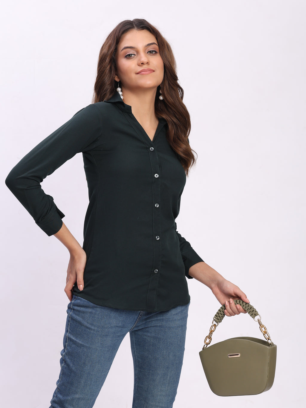 Trendrush Women Solid Dark Green Shirt with Cuffed 3/4th Sleeves – Bold & Stylish