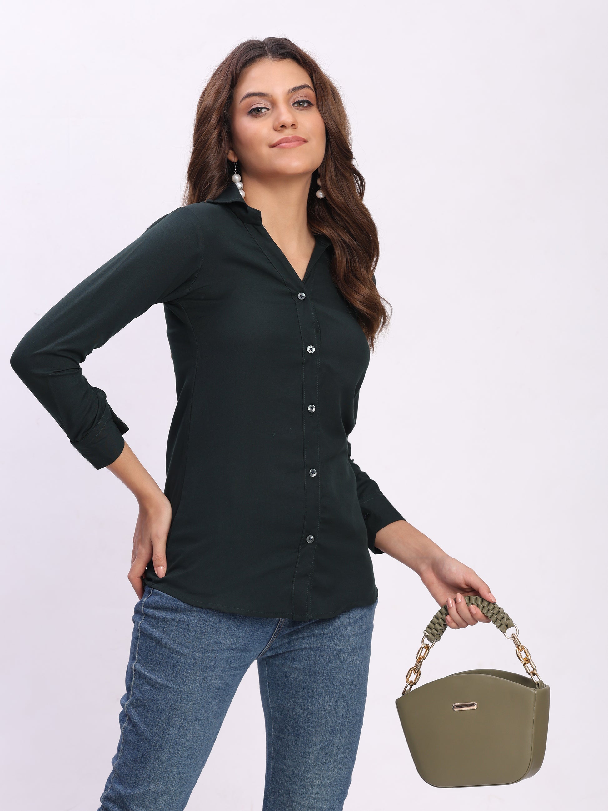 Trendrush Women Solid Dark Green Shirt with Cuffed 3/4th Sleeves – Bold & Stylish