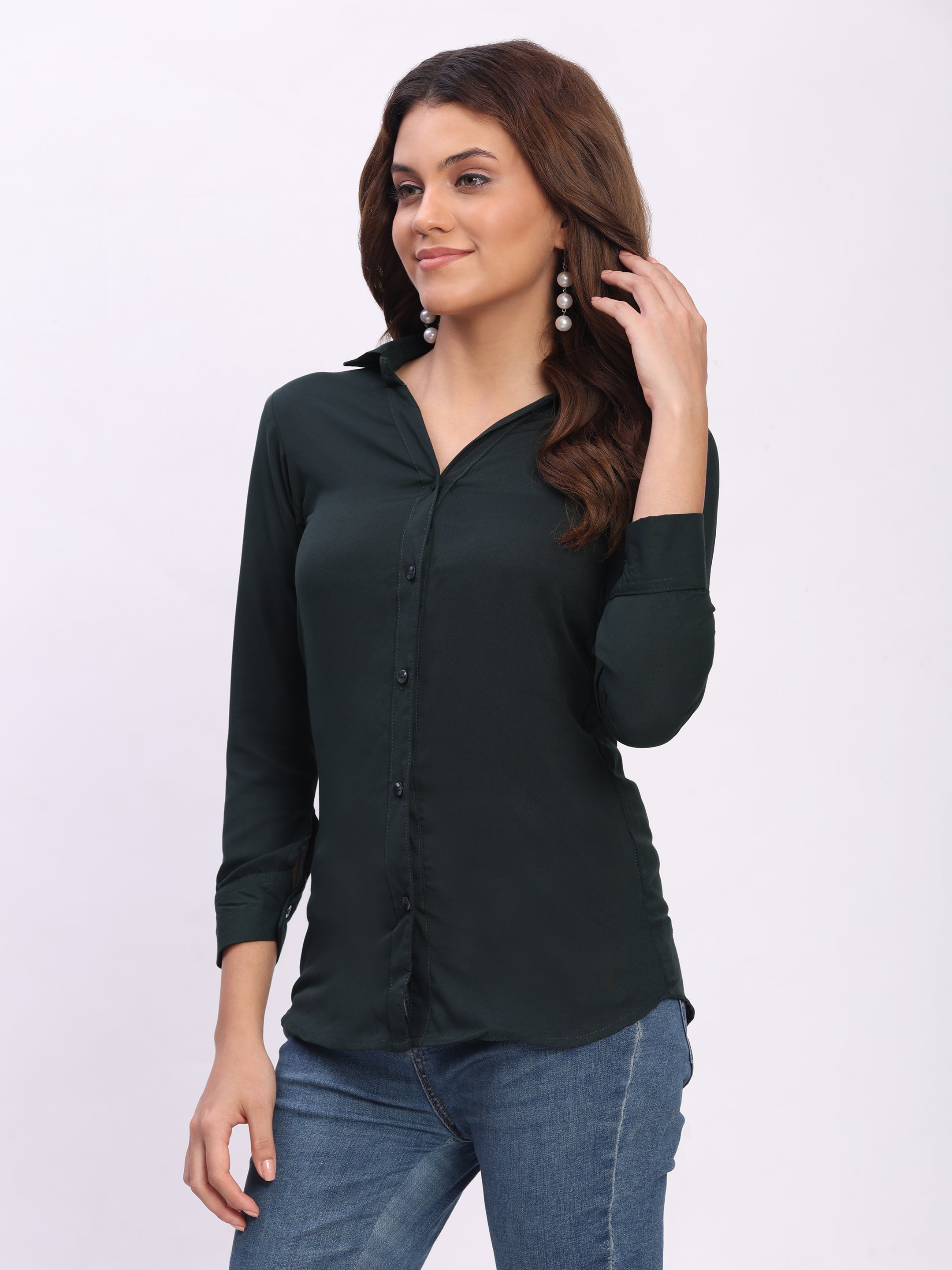 Trendrush Women Solid Dark Green Shirt with Cuffed 3/4th Sleeves – Bold & Stylish