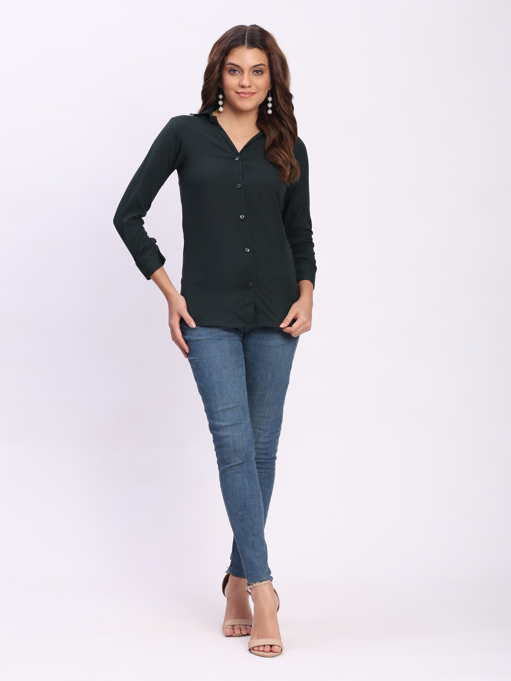 Trendrush Women Solid Dark Green Shirt with Cuffed 3/4th Sleeves – Bold & Stylish