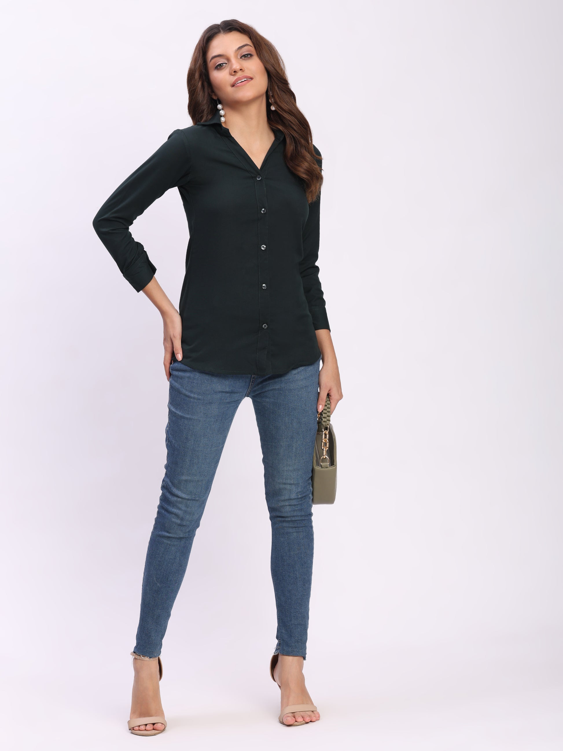 Trendrush Women Solid Dark Green Shirt with Cuffed 3/4th Sleeves – Bold & Stylish