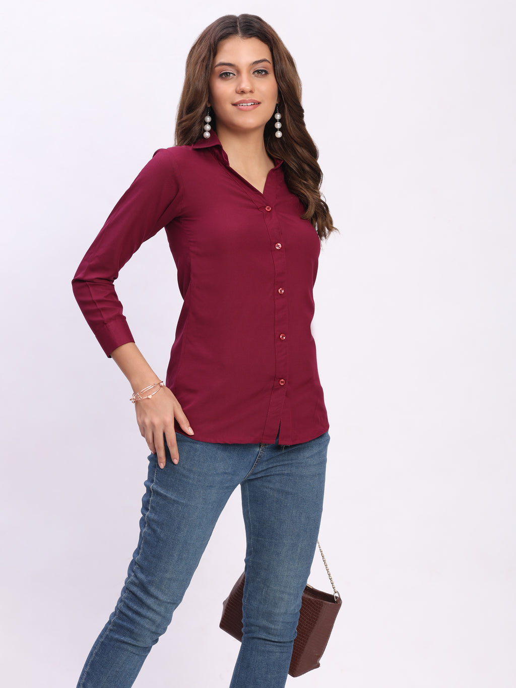 Trendrush Women Solid Maroon Shirt with Cuffed 3/4th Sleeves – Classic Elegance