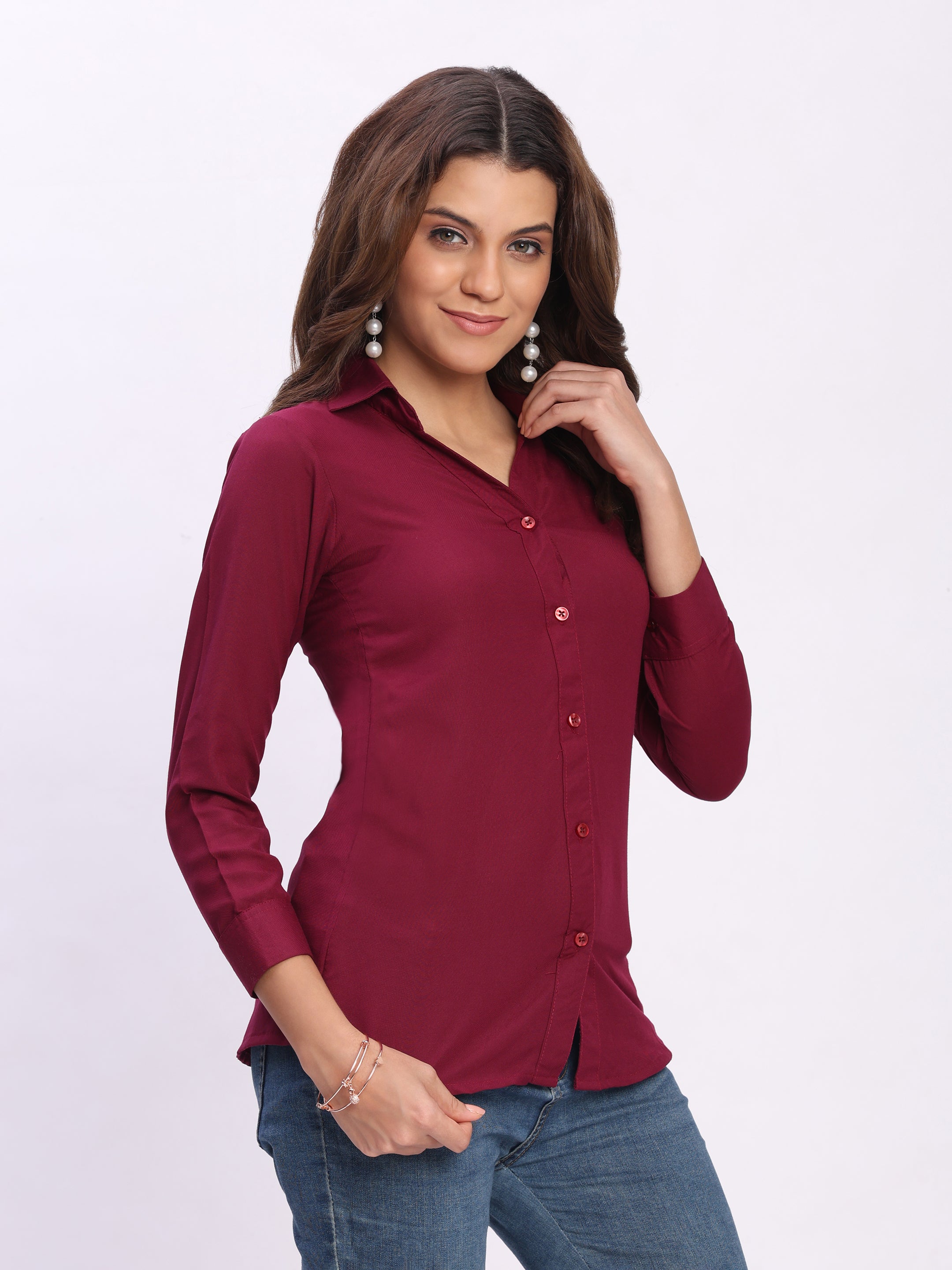 Trendrush Women Solid Maroon Shirt with Cuffed 3/4th Sleeves – Classic Elegance