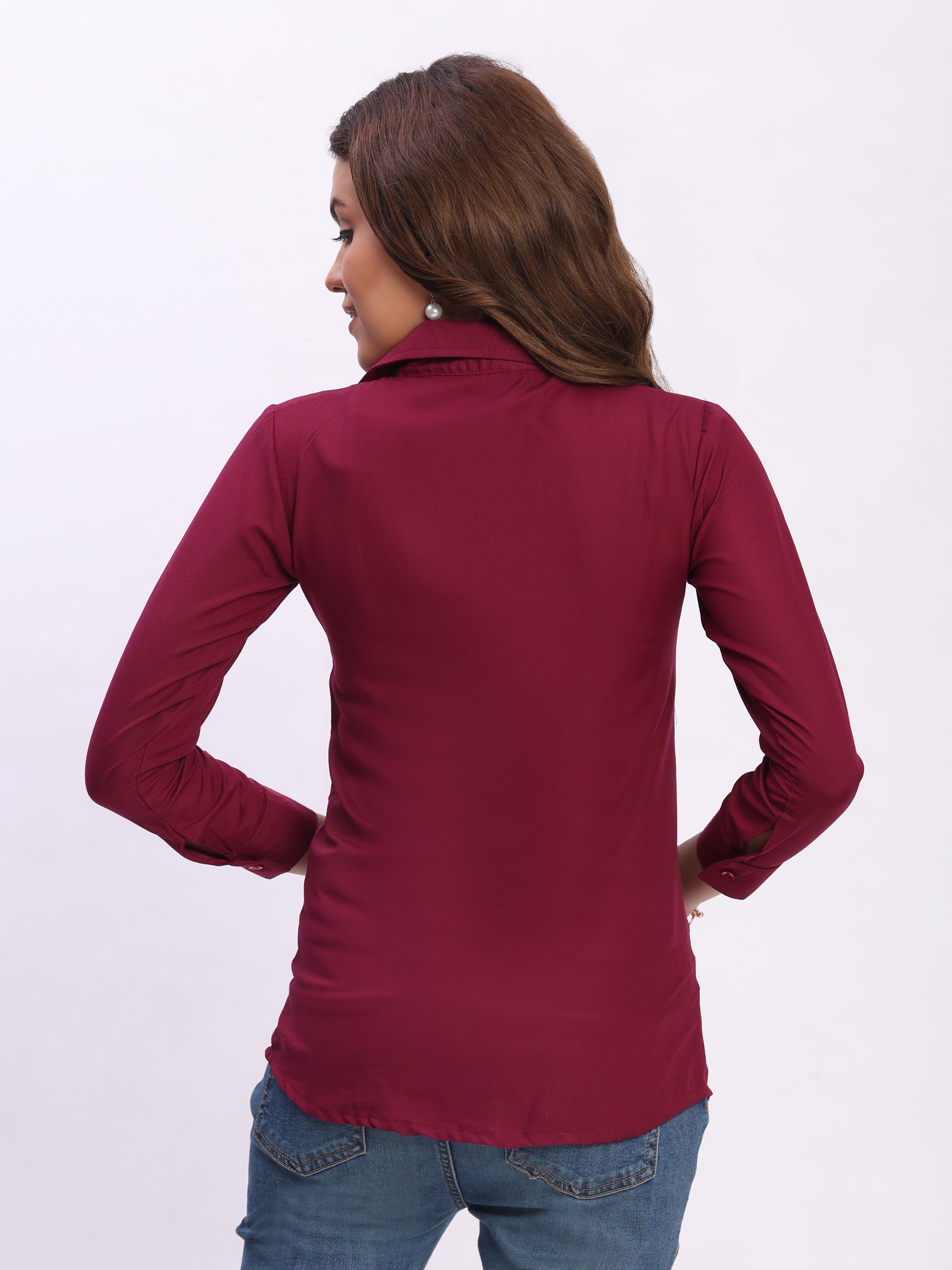 Trendrush Women Solid Maroon Shirt with Cuffed 3/4th Sleeves – Classic Elegance