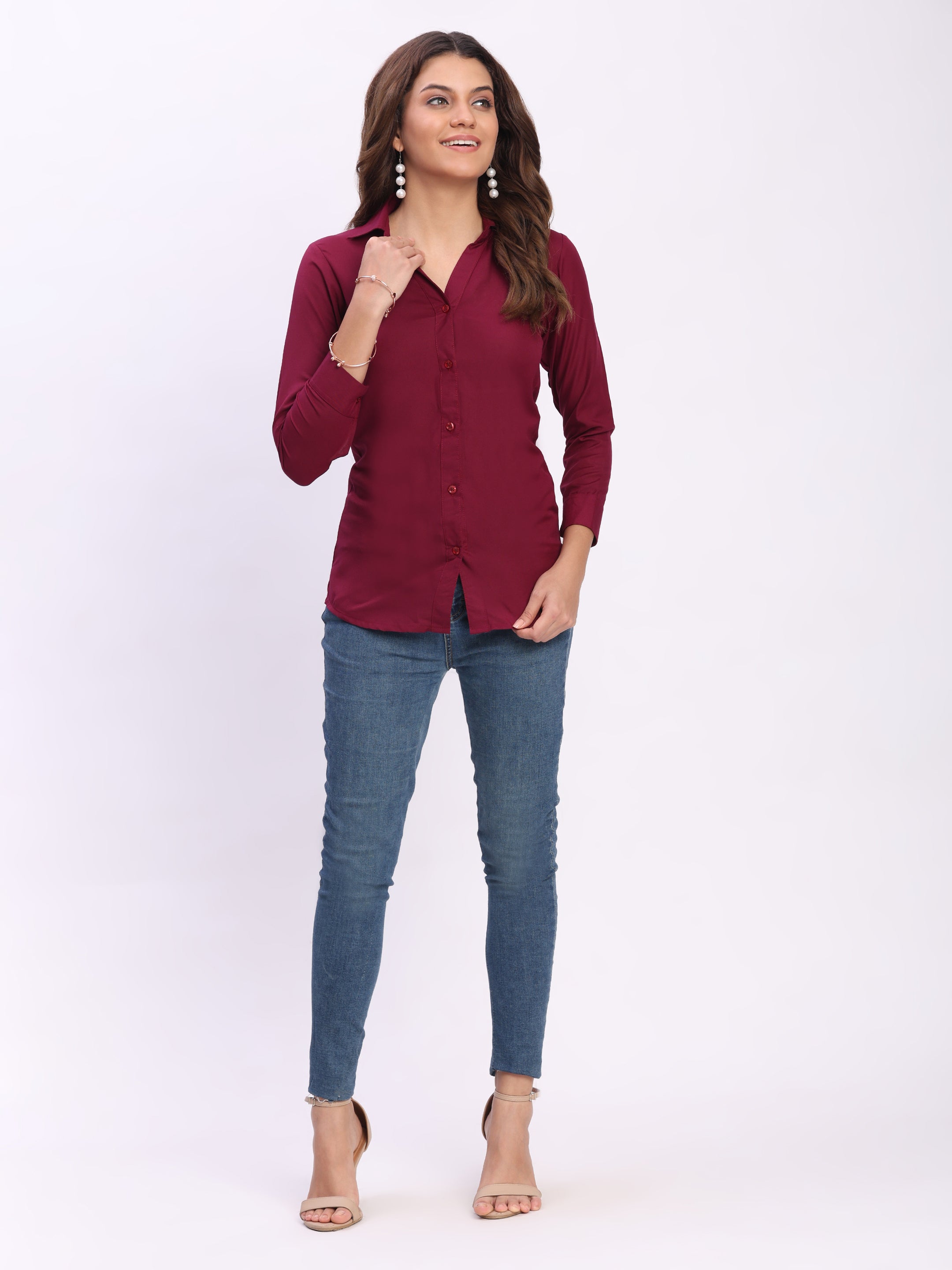 Trendrush Women Solid Maroon Shirt with Cuffed 3/4th Sleeves – Classic Elegance