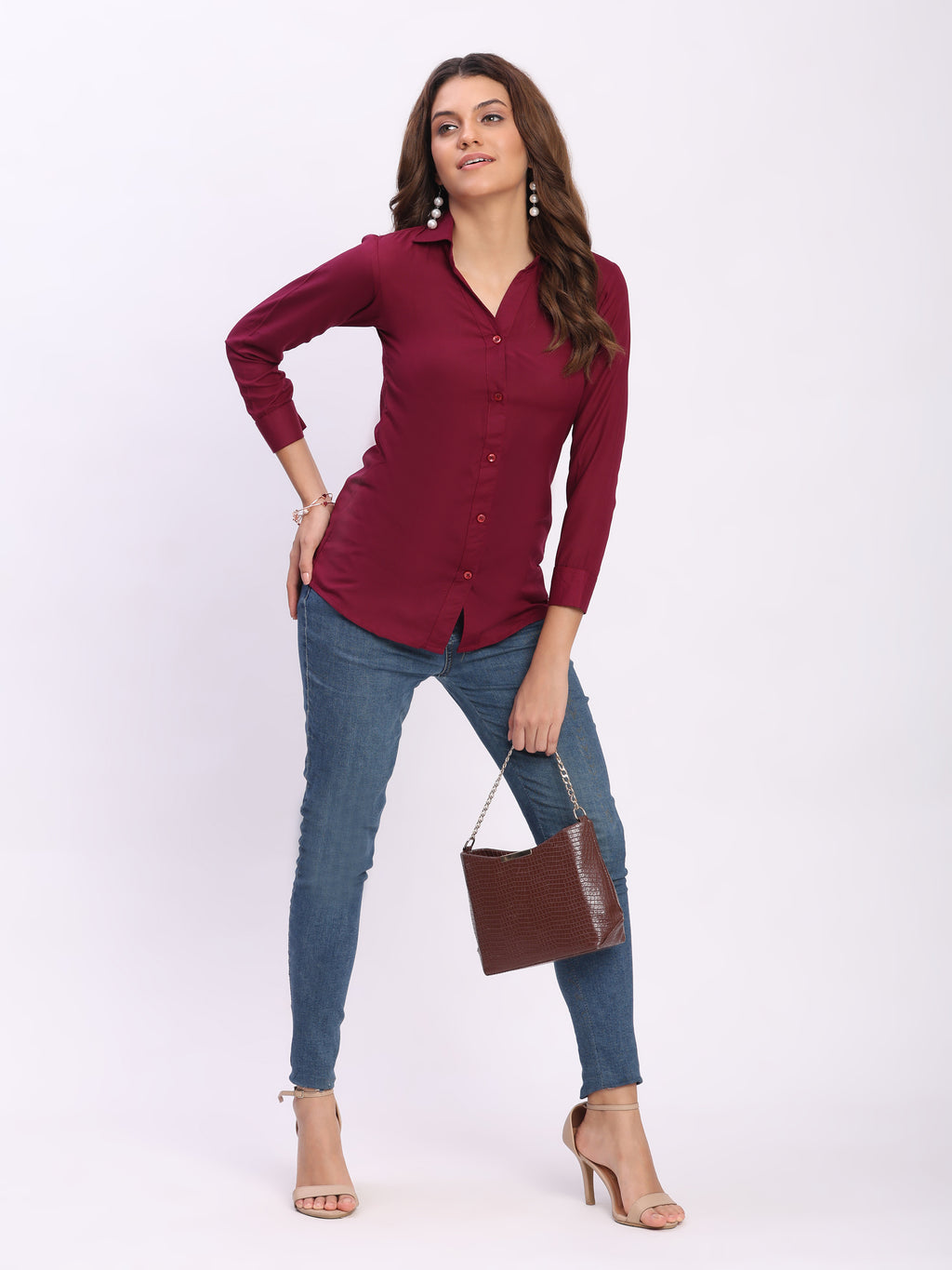 Trendrush Women Solid Maroon Shirt with Cuffed 3/4th Sleeves – Classic Elegance