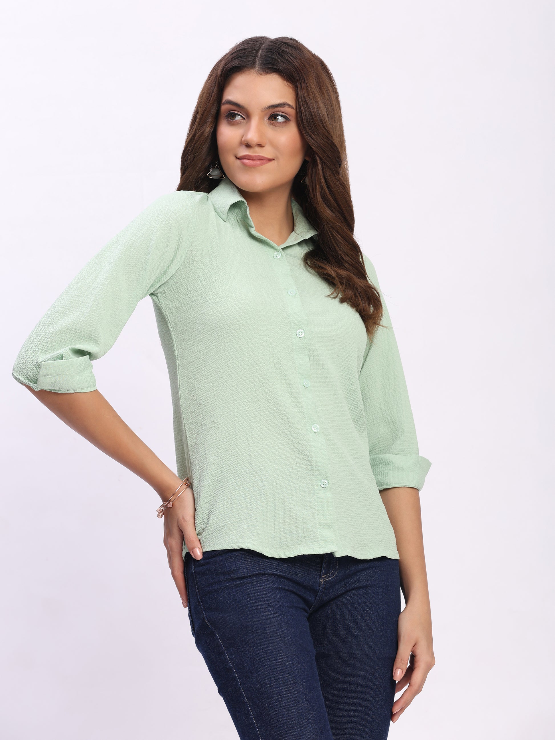 Trendrush Women Textured Solid Light Green Shirt with Cuffed 3/4th Sleeves – Fresh & Stylish
