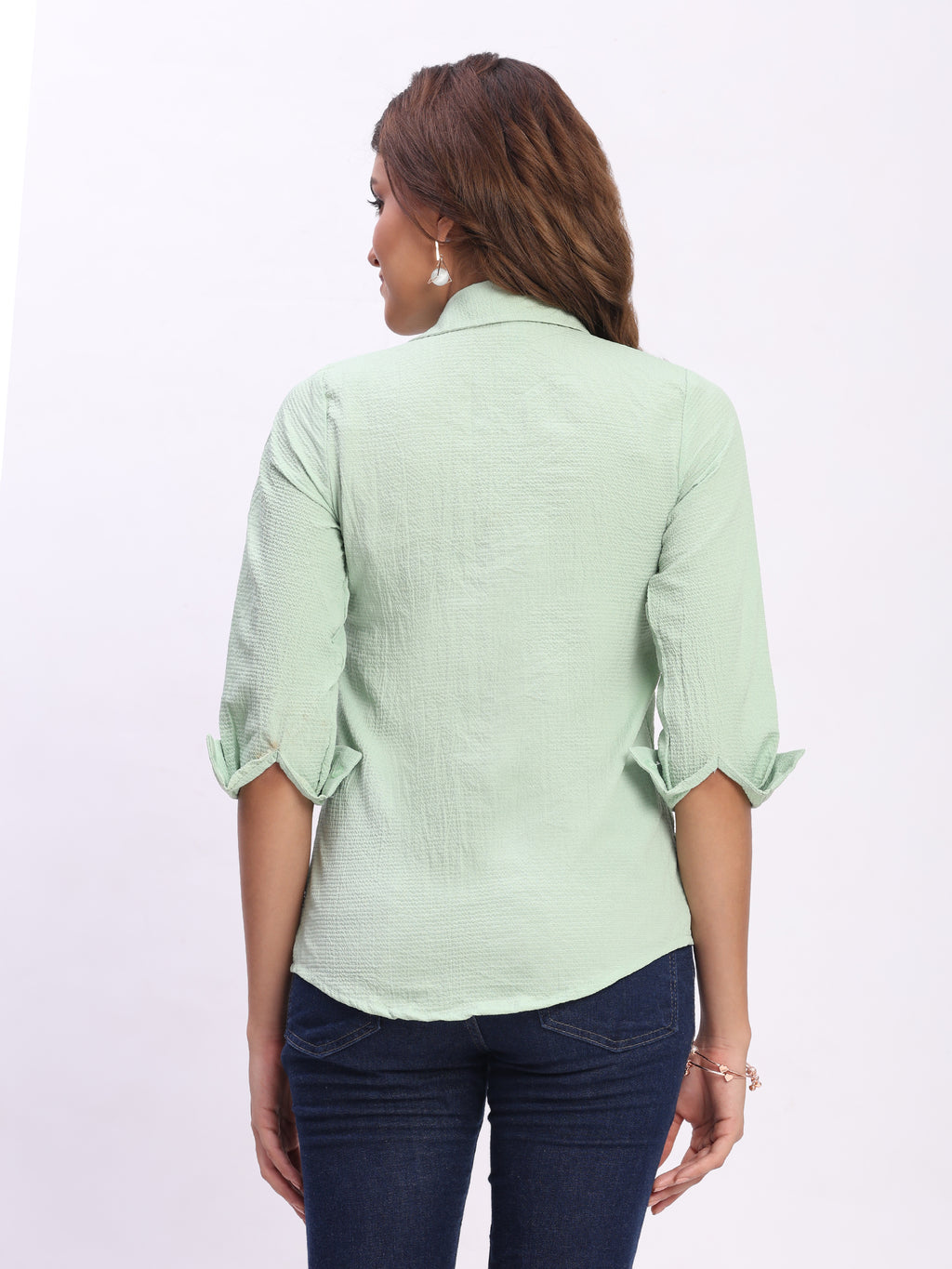 Trendrush Women Textured Solid Light Green Shirt with Cuffed 3/4th Sleeves – Fresh & Stylish