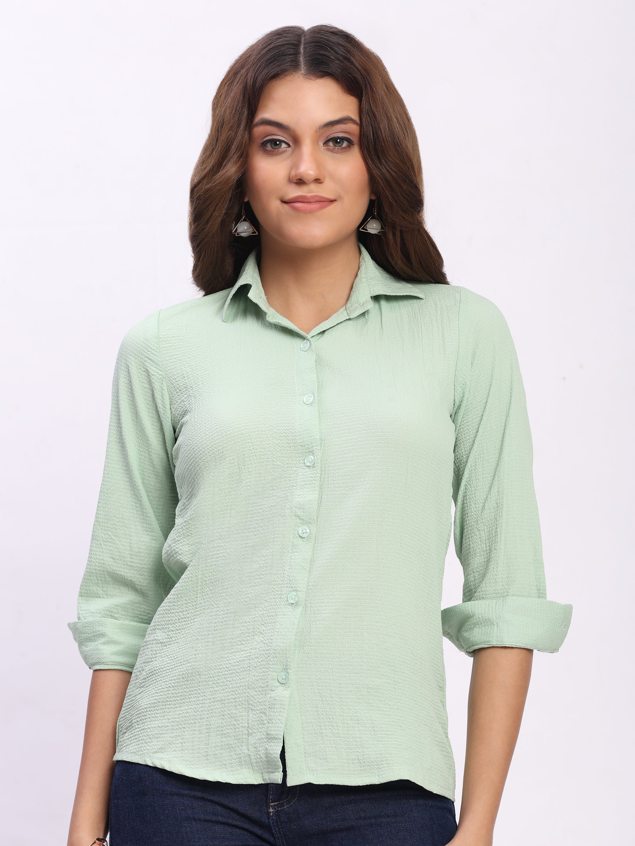 Trendrush Women Textured Solid Light Green Shirt with Cuffed 3/4th Sleeves – Fresh & Stylish
