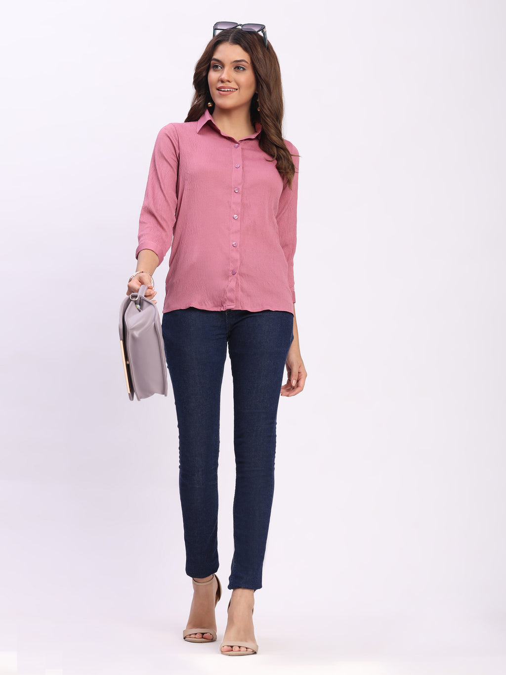 Trendrush Women Textured Solid Beige Shirt with Cuffed 3/4th Sleeves – Classic & Versatile