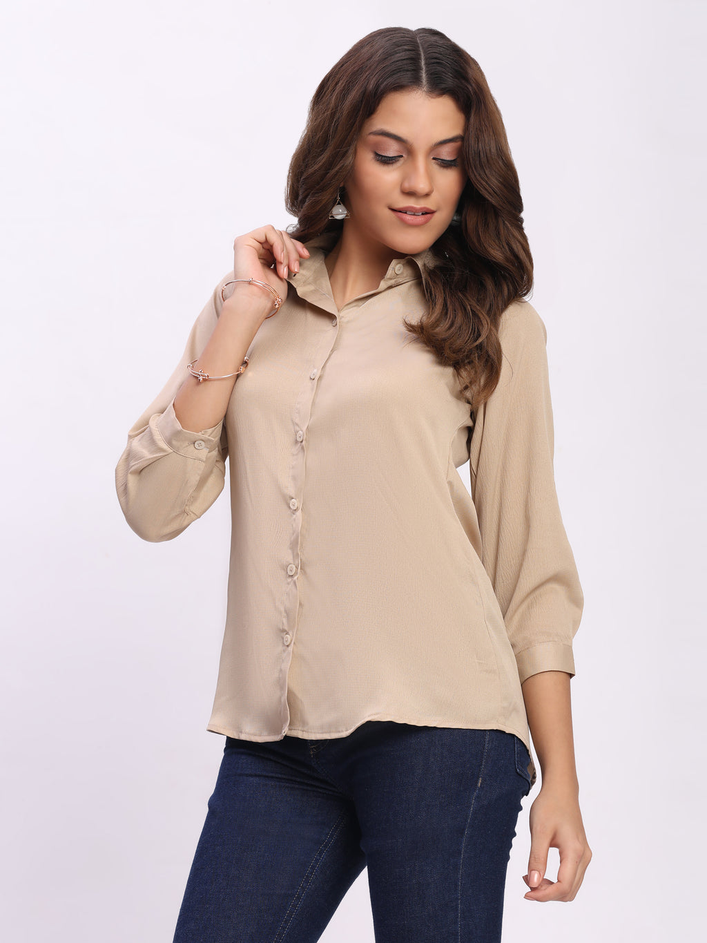 Trendrush Women Textured Solid Beige Shirt with Cuffed 3/4th Sleeves – Classic & Versatile