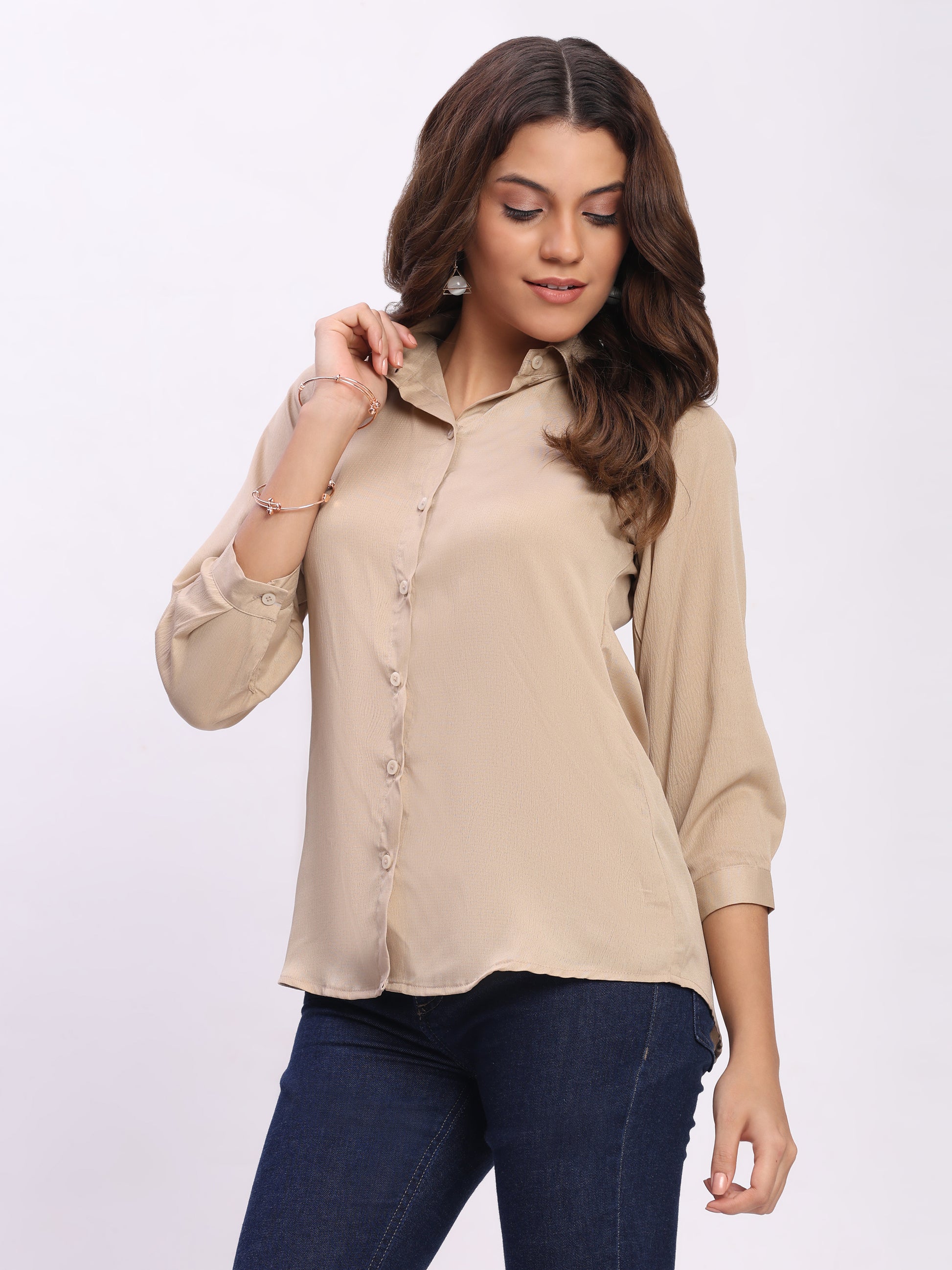 Trendrush Women Textured Solid Beige Shirt with Cuffed 3/4th Sleeves – Classic & Versatile