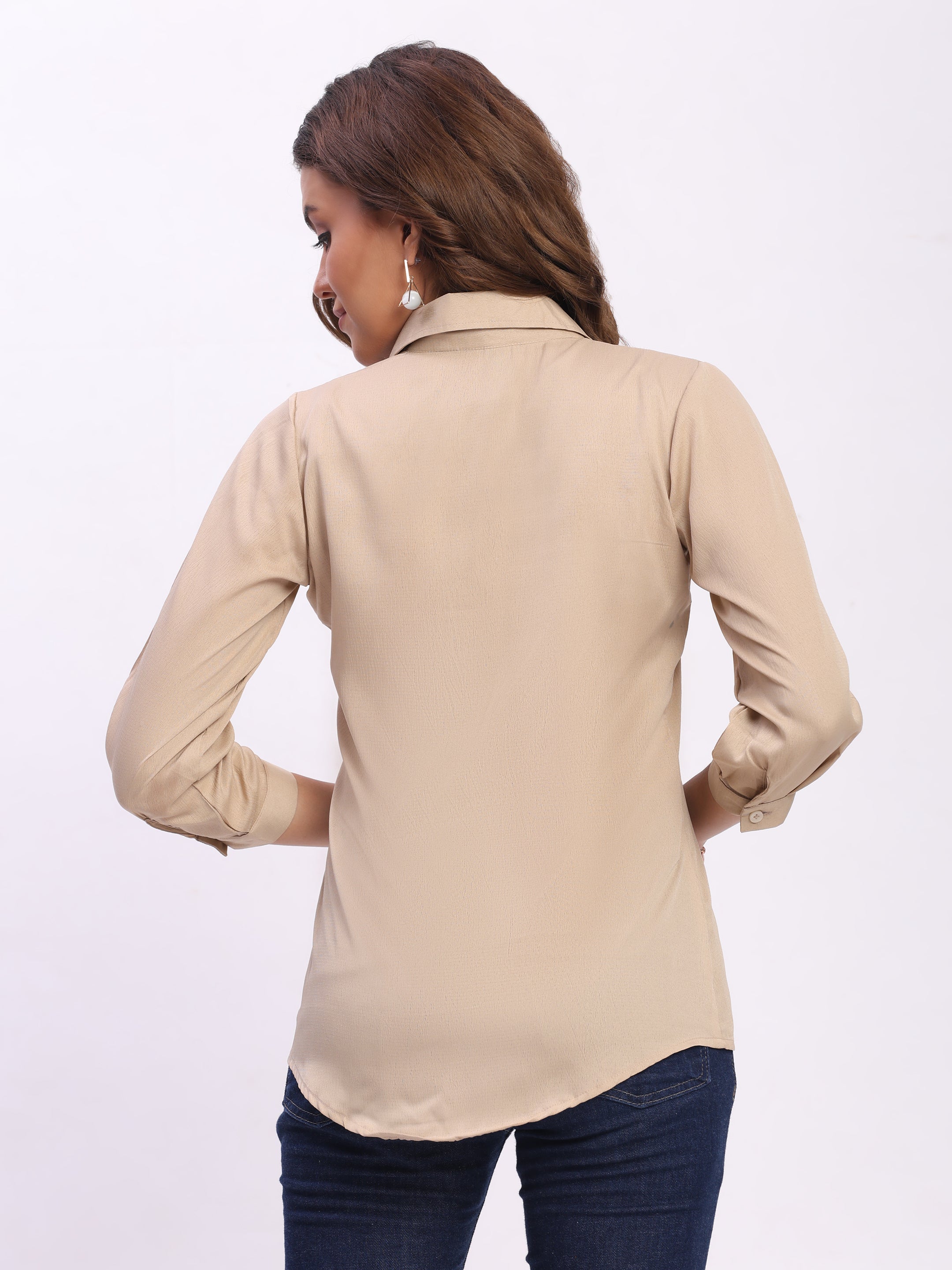 Trendrush Women Textured Solid Beige Shirt with Cuffed 3/4th Sleeves – Classic & Versatile