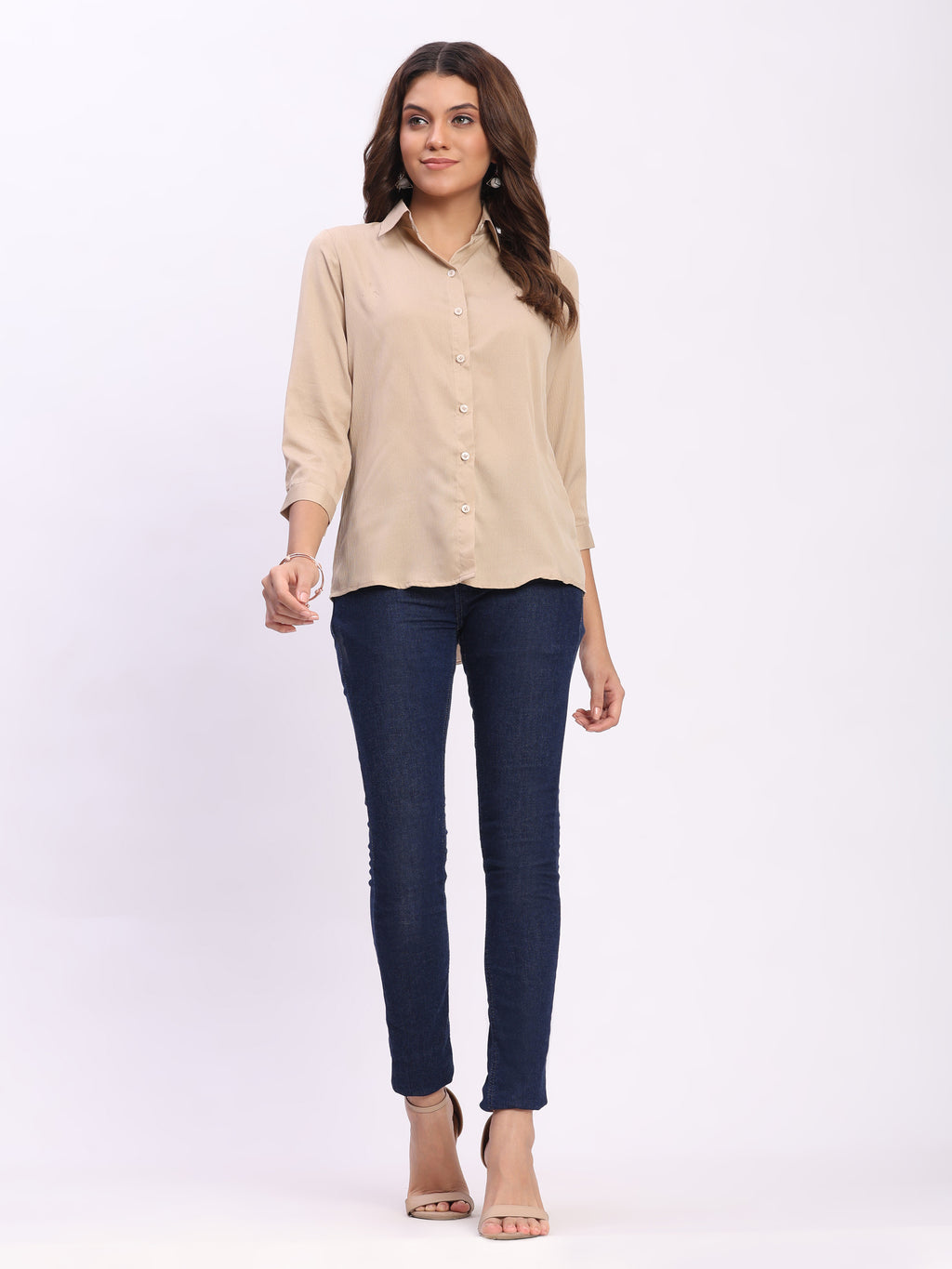 Trendrush Women Textured Solid Beige Shirt with Cuffed 3/4th Sleeves – Classic & Versatile